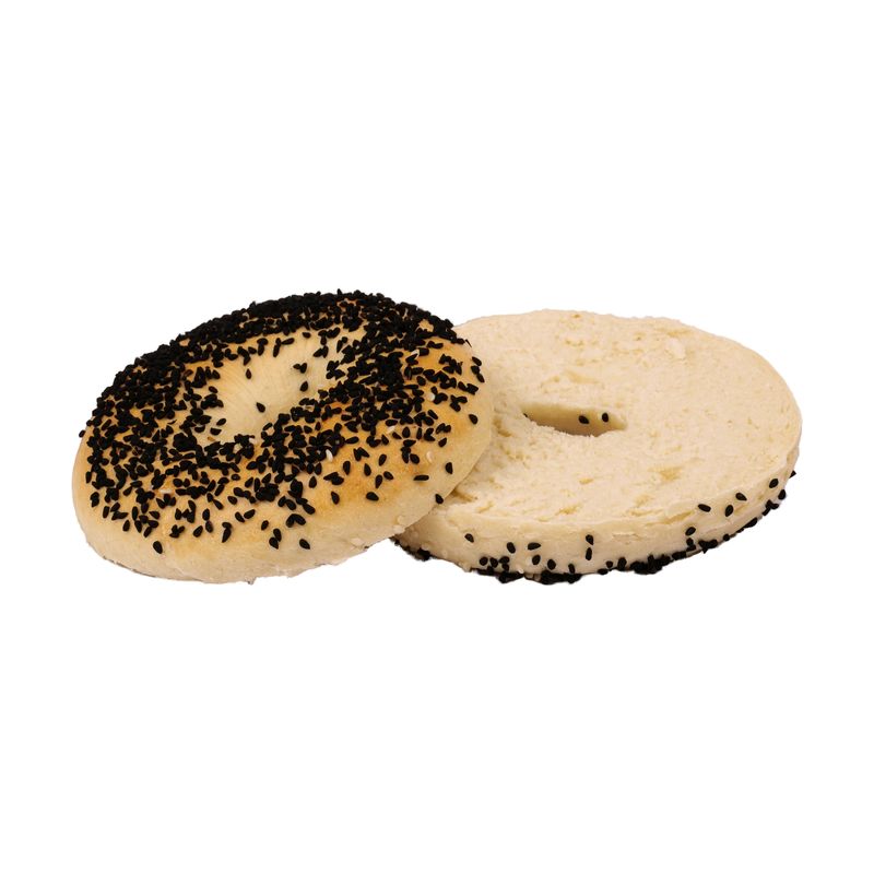Aufgeschnittener Schwarzkümmel-Bagel, Deckel und Boden mit den Schnittflächen nebeneinander