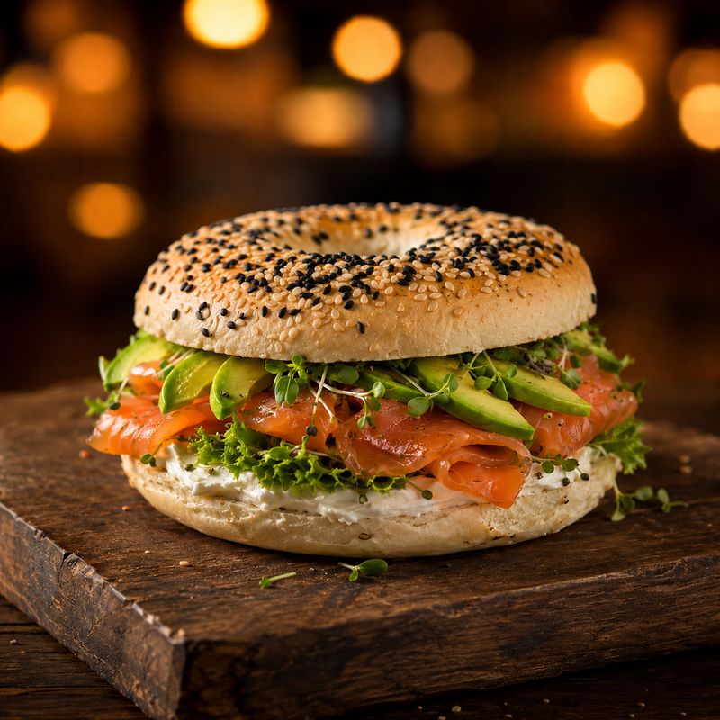 KI-generiertes Anwendungsbild: aufgeschnittener Bagel, belegt mit Frischkäse, Lachs, Avocado und Kresse