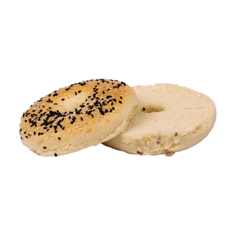 Aufgeschnittener Bagel mit Sesam und Schwarzkümmel, Deckel und Boden nebeneinander