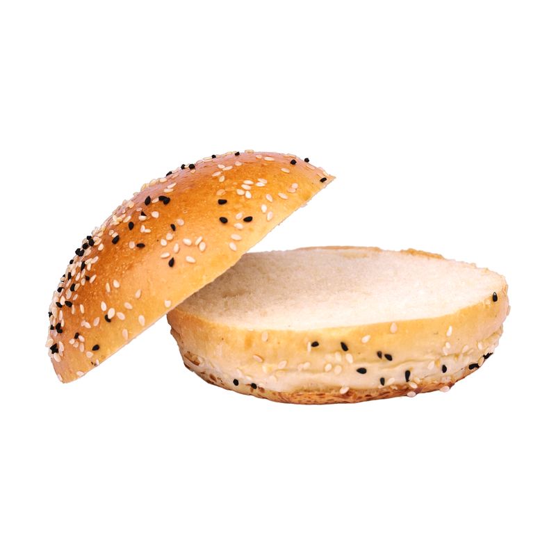 Aufgeschnittener Bun mit Sesam und Schwarzkümmel, Deckel und Boden nebeneinander