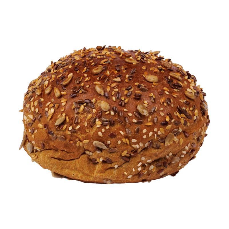 Dunkler Vollkorn-Bun, dicht mit Sonnenblumenkernen, Leinsamen und Sesam bestreut