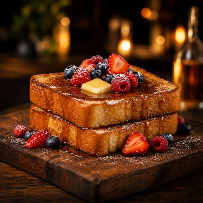 KI-generiertes Anwendungsbild: zwei Scheiben French Toast mit Beeren, Butter und Sirup auf einem Holzbrett